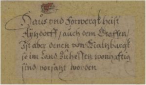 Abb. 2: Die skizzenhafte Abbildung „Haus vnd Forwergk […] Aytzdorff“ in der zwischen 1614 und 1634 entstan-denen Ersten Kursächsischen Landesaufnahme. Aus-schnitt aus der Landkarte von Matthias Öder und Baltha-sar Zimmermann